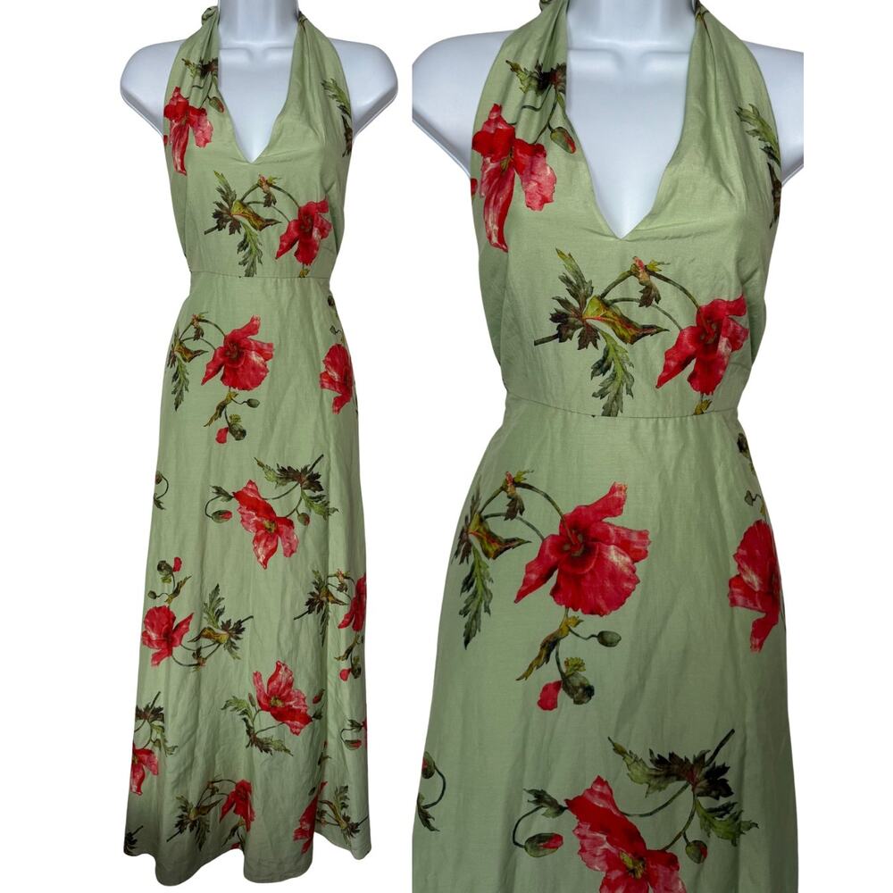 LK Bennett Green Floral Poppy Halter Midi Dress Womens Size 4